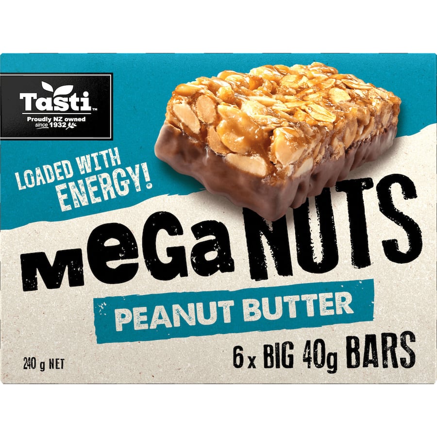 Tasti Mega Nuts Nut Bars featuring peanut butter, packed with protein, nuts, and energy for a perfect on-the-go snack.