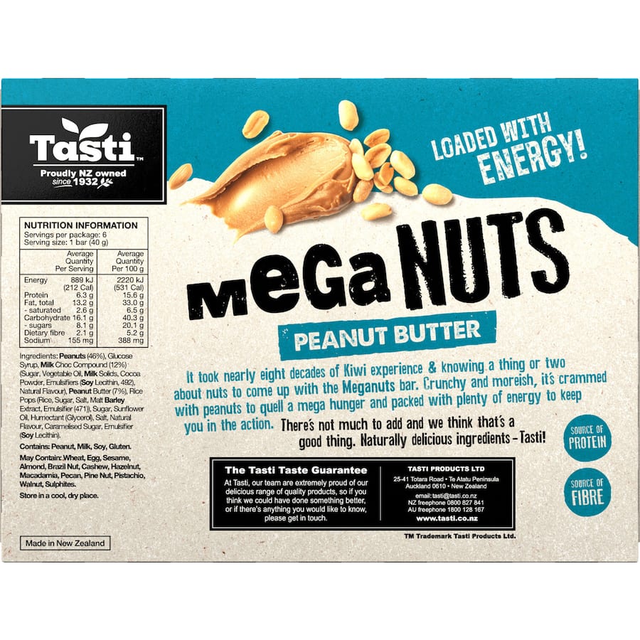 Tasti Mega Nuts Nut Bars with Peanut Butter, 6-pack of protein-rich, crunchy nut snacks perfect for on-the-go energy.