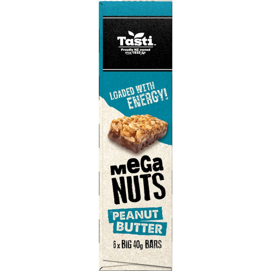 Tasti Mega Nuts Nut Bars featuring creamy peanut butter and crunchy nuts, perfect for a protein-packed snack on-the-go.