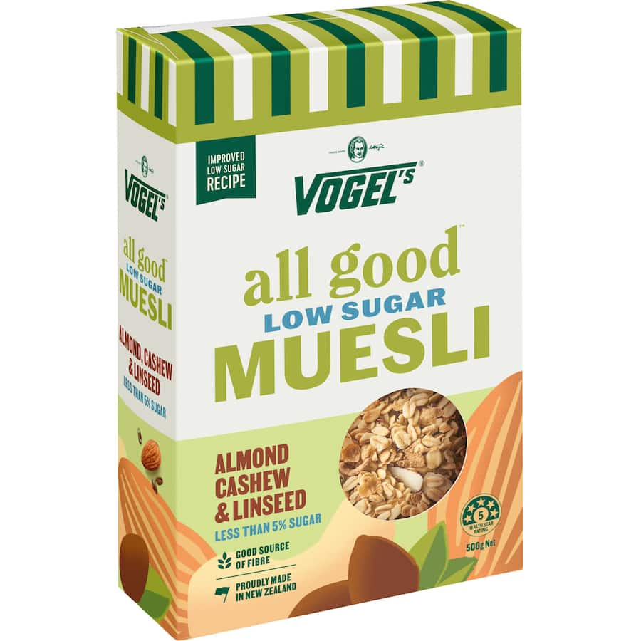 Vogels All Good Muesli with almonds, cashews, and linseeds; a nutritious, low-sugar breakfast option.