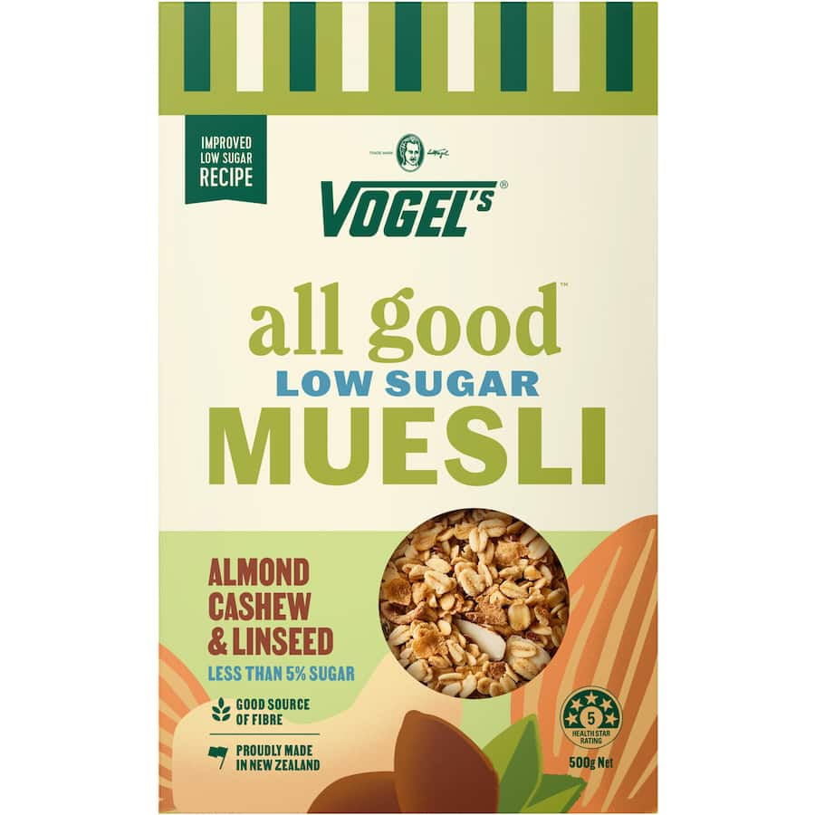 Vogels All Good Muesli with almonds, cashews, and linseeds; healthy breakfast option with less than 7% sugar.