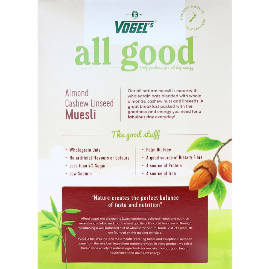 Vogels All Good Muesli features toasted oats with crunchy almonds, cashews, and linseeds for a healthy breakfast option.