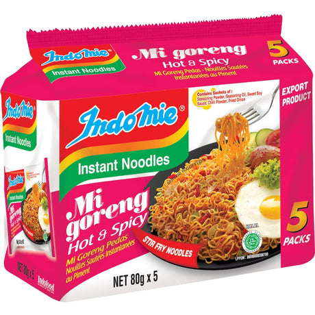 Indomie Instant Noodles Hot & Spicy Multi Pack, featuring five packs of quick, flavorful, and spicy noodles for easy meals.