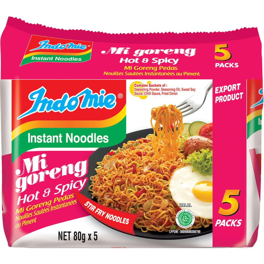 Indomie Instant Noodles Hot & Spicy Multi Pack, featuring 5 spicy noodle packs for quick, delicious meals in minutes.