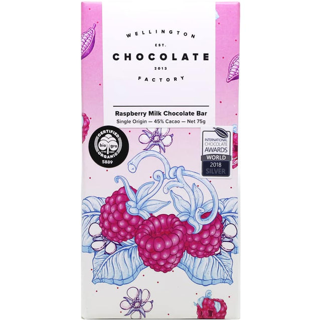 Wellington Factory Chocolate Raspberry Organic: creamy organic milk chocolate with freeze-dried New Zealand raspberries.