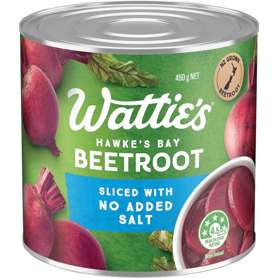 Wattie's sliced beetroot with no added salt, ideal for enhancing meals, packed with nutrients and convenience.