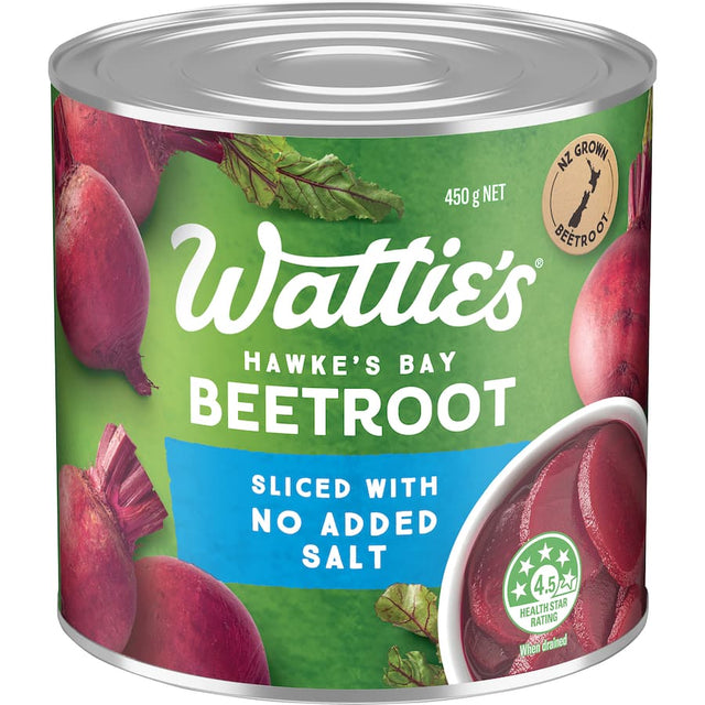 Wattie's sliced beetroot with no added salt, ideal for enhancing meals, packed with nutrients and convenience.