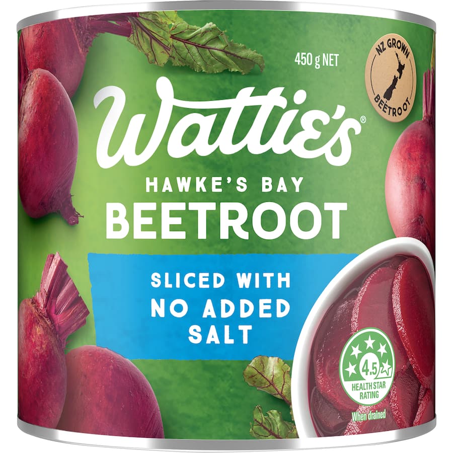 Sliced Wattie's Beetroot with no added salt, showcasing vibrant color and healthy, convenient serving for meals and dips.