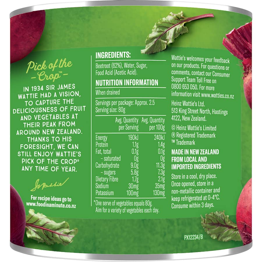 Sliced Wattie's Beetroot with no added salt, ideal for burgers, salads, or dips, boasting 2.5 vegetable serves per can.