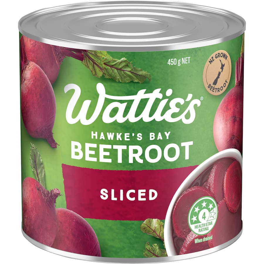 Wattie's Beetroot Sliced in a recyclable can, featuring vibrant, hand-harvested slices perfect for burgers, salads, and dips.