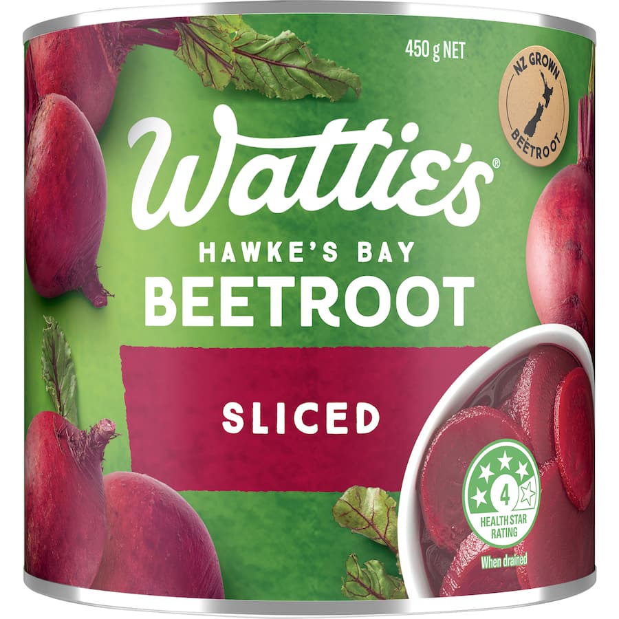 Sliced Watties Beetroot in a recyclable can, showcasing vibrant color and fresh taste, perfect for salads, sandwiches, and dips.