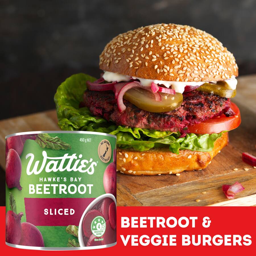 Wattie's Beetroot Sliced in a recyclable can, fresh slices with no preservatives, perfect for enriching various dishes.