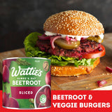 Wattie's Beetroot Sliced in a recyclable can, fresh slices with no preservatives, perfect for enriching various dishes.