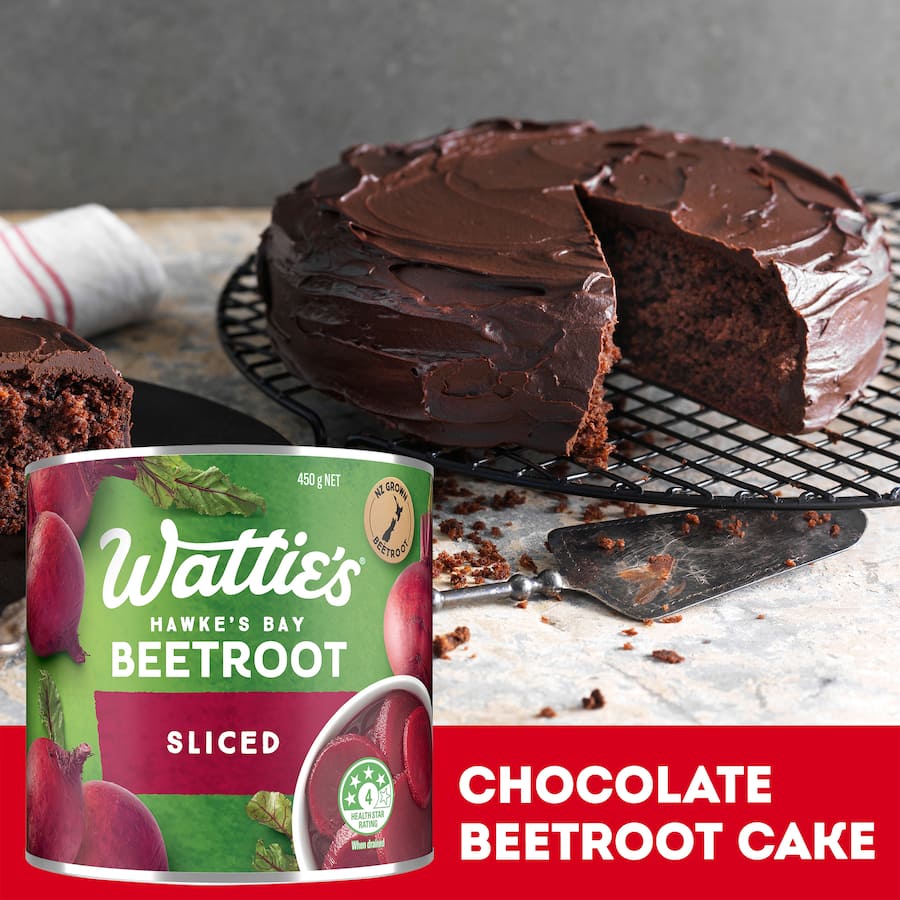 Wattie's Beetroot Sliced in a can, showcasing vibrant, hand-harvested slices perfect for burgers, salads, or dips.