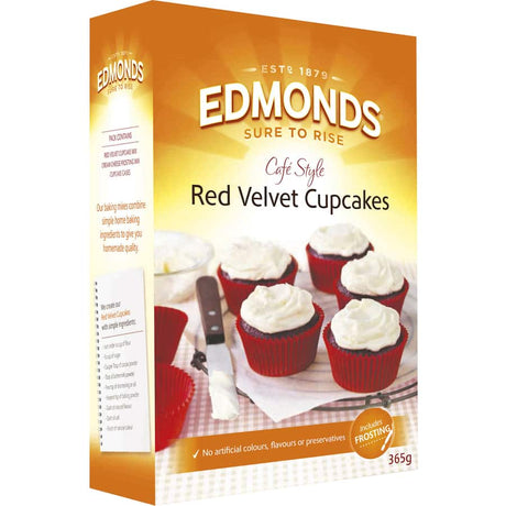 Red velvet cupcake mix by Edmonds, perfect for easy baking of soft, moist cupcakes topped with cream cheese frosting.