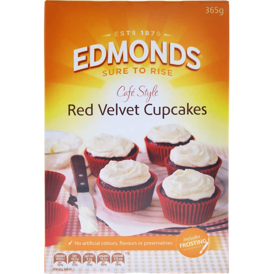 Rich red velvet cupcake mix by Edmonds, perfect for easy baking of delicious cupcakes with cream cheese frosting.