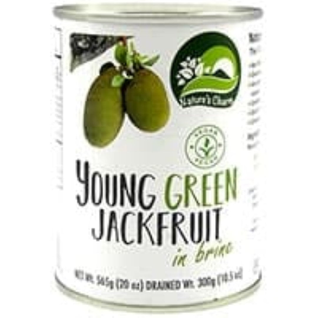 Canned young green jackfruit in brine, perfect for vegan pulled pork and packed with nutrients for plant-based meals.