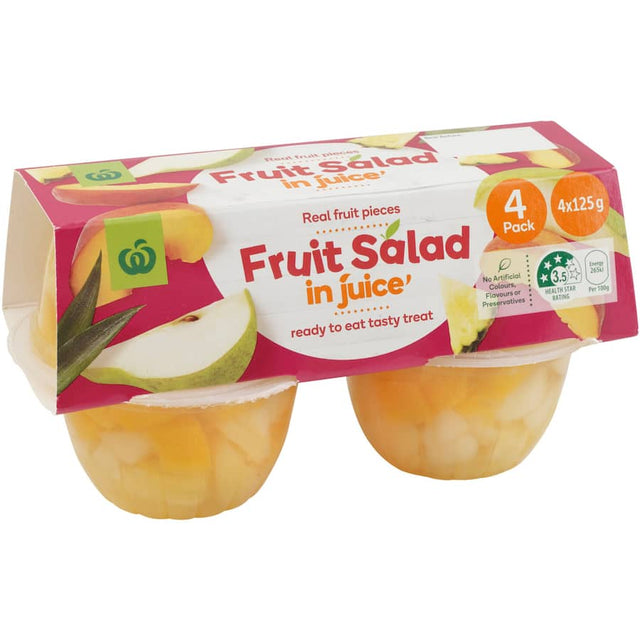 Woolworths Fruit Snack Fruit Salad in Juice, a 125g nutritious mix of real fruits in refreshing juice, no artificial additives.