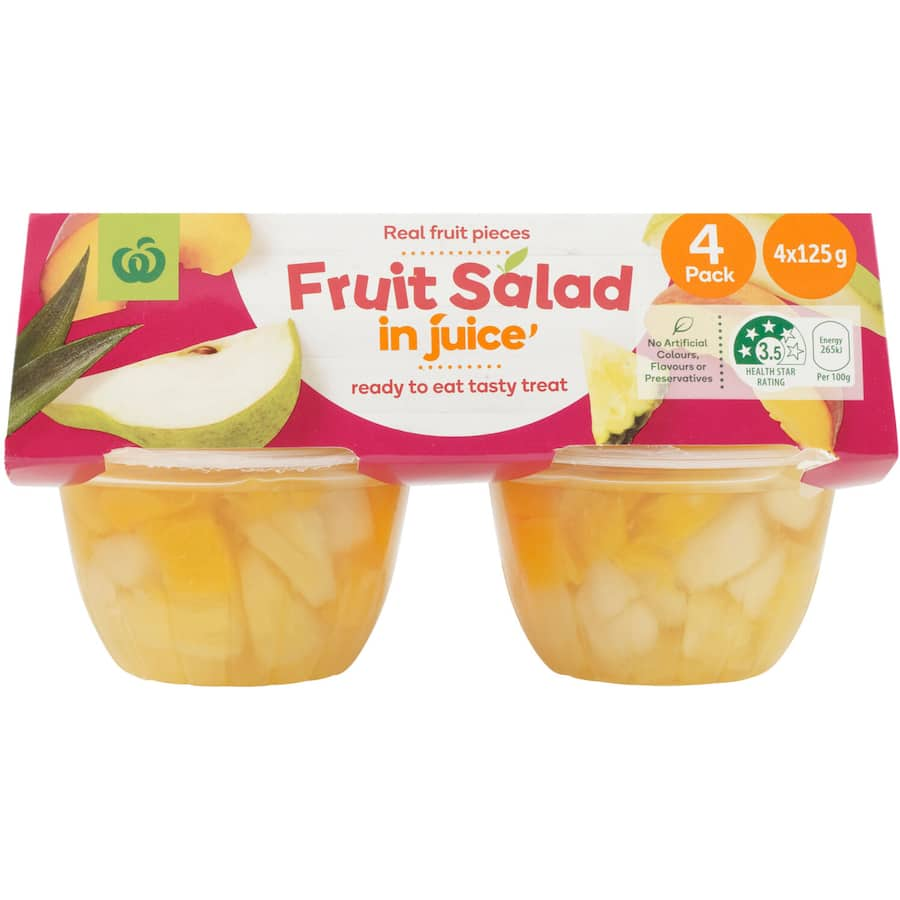 Woolworths Fruit Snack Fruit Salad in Juice, 125g packs of real fruit pieces in refreshing juice, a healthy and tasty snack.