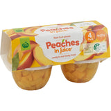 Woolworths Fruit Snack Peaches in juice pack featuring juicy peaches in light syrup, perfect for a nutritious snack on-the-go.