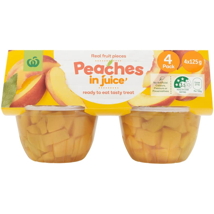 Woolworths Fruit Snack Peaches in juice, 4x125g, provides sweet, natural peaches in a light syrup, perfect for a healthy snack.