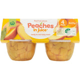 Woolworths Fruit Snack Peaches in juice, 4x125g, provides sweet, natural peaches in a light syrup, perfect for a healthy snack.