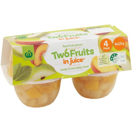 Woolworths Fruit Snack with two fruit flavors in juice, featuring real fruit in a convenient, preservative-free pack.