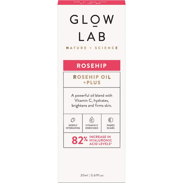 Glow Lab Facial Oil Rosehip Plus in a glass bottle, enriched with rosehip oil for rejuvenating and hydrating skin vitality.