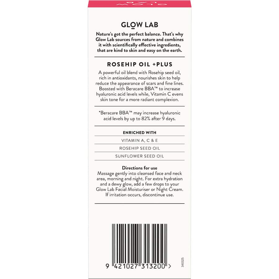 Glow Lab Facial Oil Rosehip Plus, a nourishing blend with rosehip oil and Vitamin C, promotes hydration and a radiant complexion.