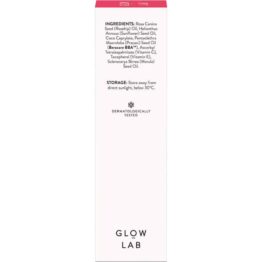 Luxurious Glow Lab Facial Oil with rosehip seed oil, rich in antioxidants for rejuvenation and hydration, promoting radiant skin.