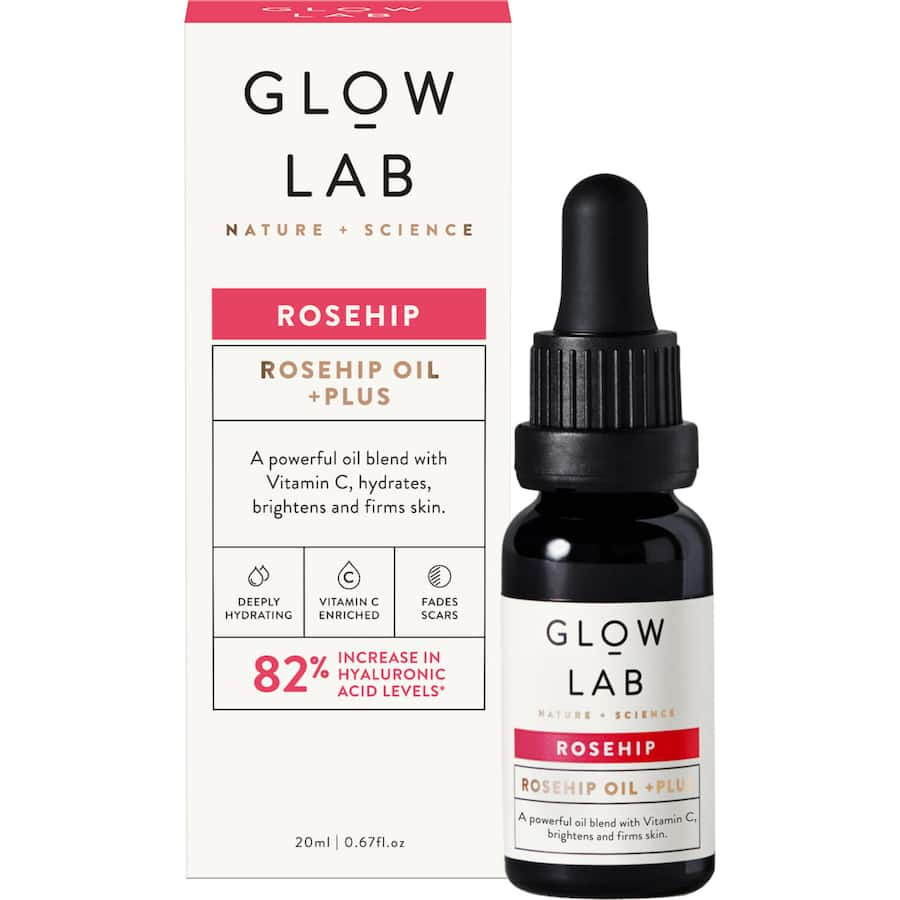 Glow Lab Facial Oil Rosehip Plus, a nourishing oil rich in rosehip, vitamins, and antioxidants for a radiant, youthful complexion.