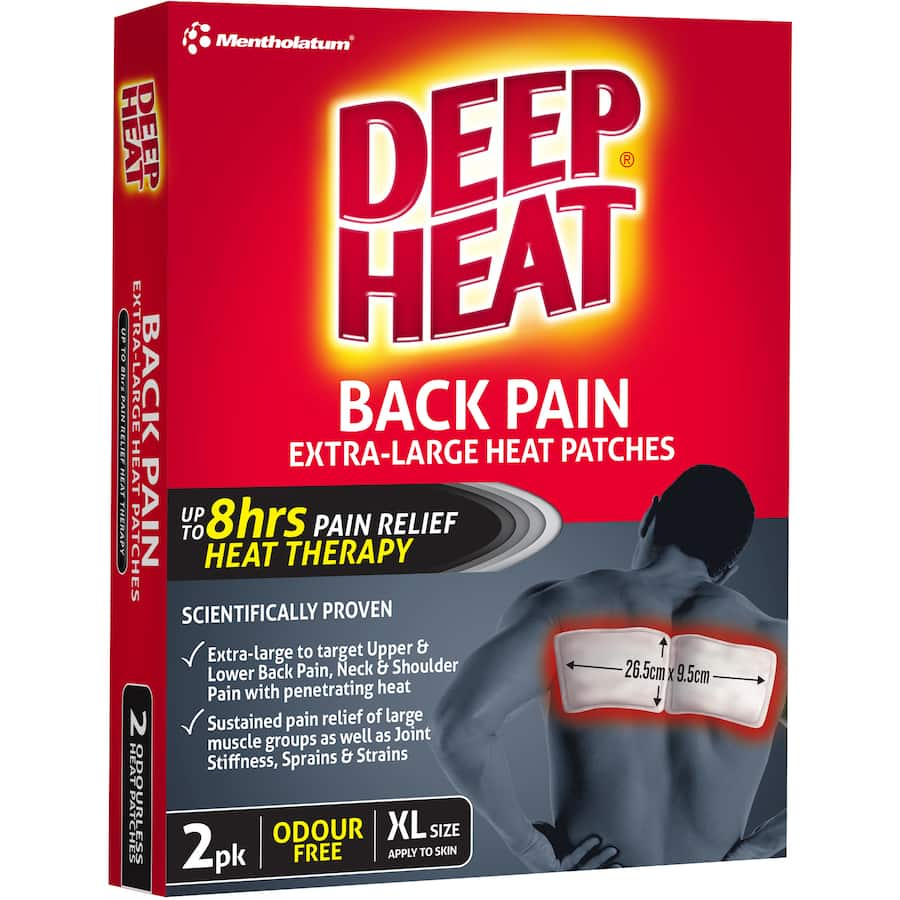 Extra-large Deep Heat Back Patches provide 8 hours of soothing relief for back pain, aches, and stiffness.