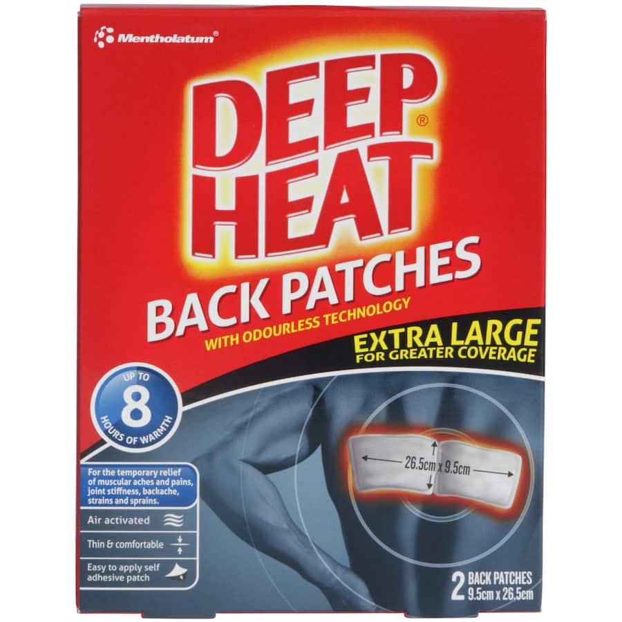 Extra-large Deep Heat Back Patches providing 8 hours of soothing heat therapy for back pain and muscular aches.