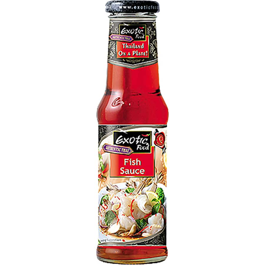 Bottle of Exotic Food Asian Fish Sauce, perfect for enhancing Asian dishes with umami flavor and gluten-free ingredients.