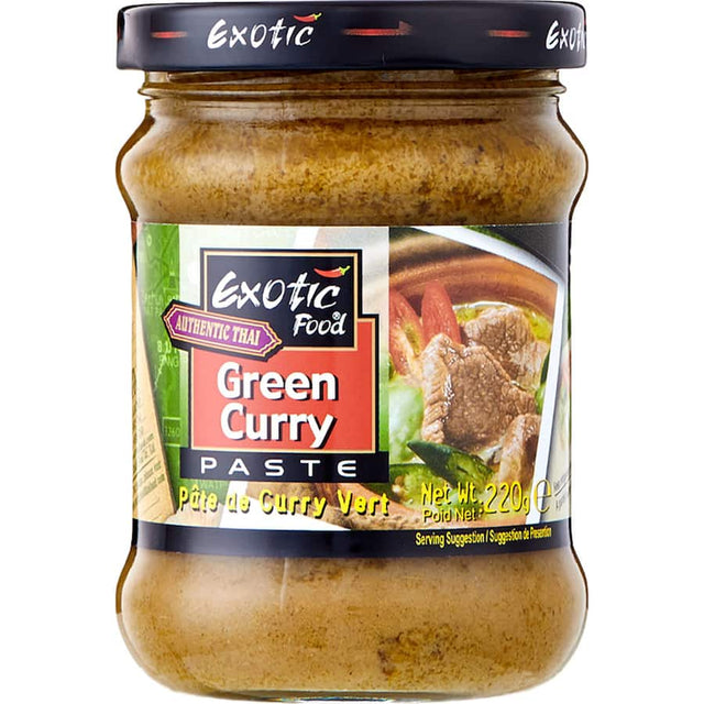 Exotic Food Asian Green Curry Paste jar showcasing vibrant green color for authentic Thai dishes, gluten-free and vegetarian-friendly.