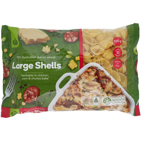 Woolworths Pasta Large Shells in 500g bag, made from 100% Australian durum wheat, ideal for sauces and baked dishes.