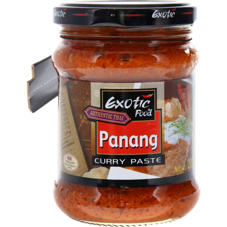 Authentic Exotic Food Asian Panang Curry Paste with spices, perfect for gluten-free and vegetarian dishes, adds rich flavor.