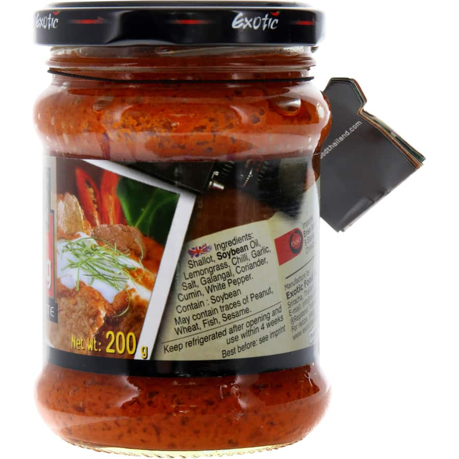 Exotic Food Asian Panang Curry Paste jar, featuring gluten-free, vegetarian ingredients for authentic Thai flavors.