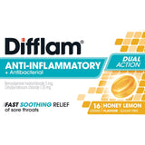 Difflam honey lemon lozenges provide soothing, anti-inflammatory relief for sore throats with a sweet and zesty flavor.