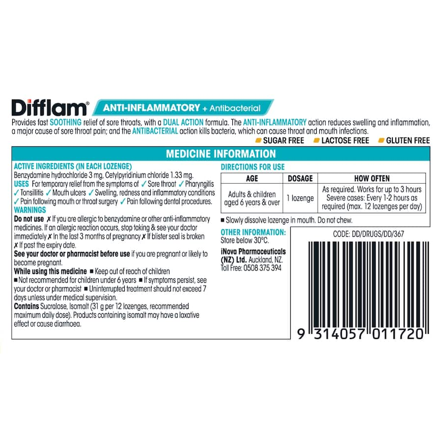 Difflam Honey Lemon Lozenges for soothing sore throat relief with anti-inflammatory properties, ideal for quick comfort on-the-go.