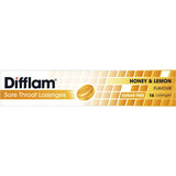 Difflam Anti-inflammatory Honey Lemon Lozenges for soothing sore throat relief with natural flavors and anti-inflammatory properties.