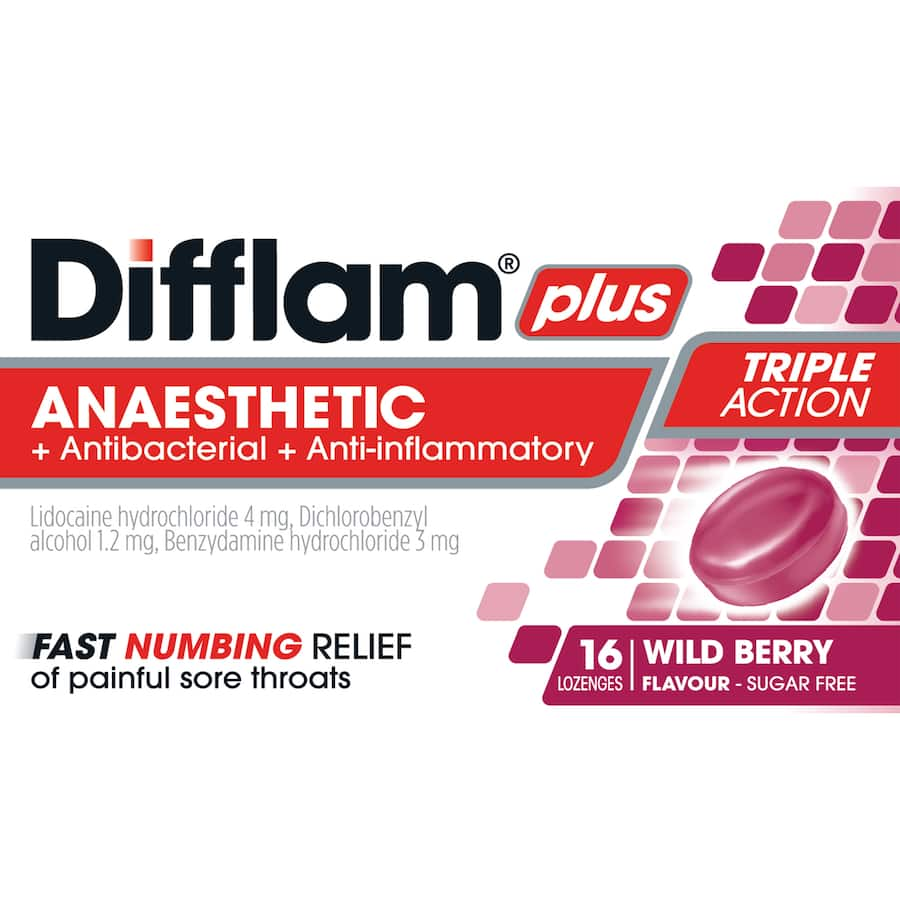 Difflam Plus Wild Berry Lozenges for sore throat relief, combining benzocaine and flurbiprofen for effective pain and inflammation control.