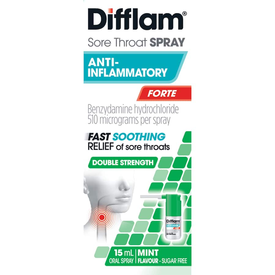 Difflam Forte Sore Throat Spray, mint-flavored relief for inflammation and irritation, ideal for fast, targeted soothing.