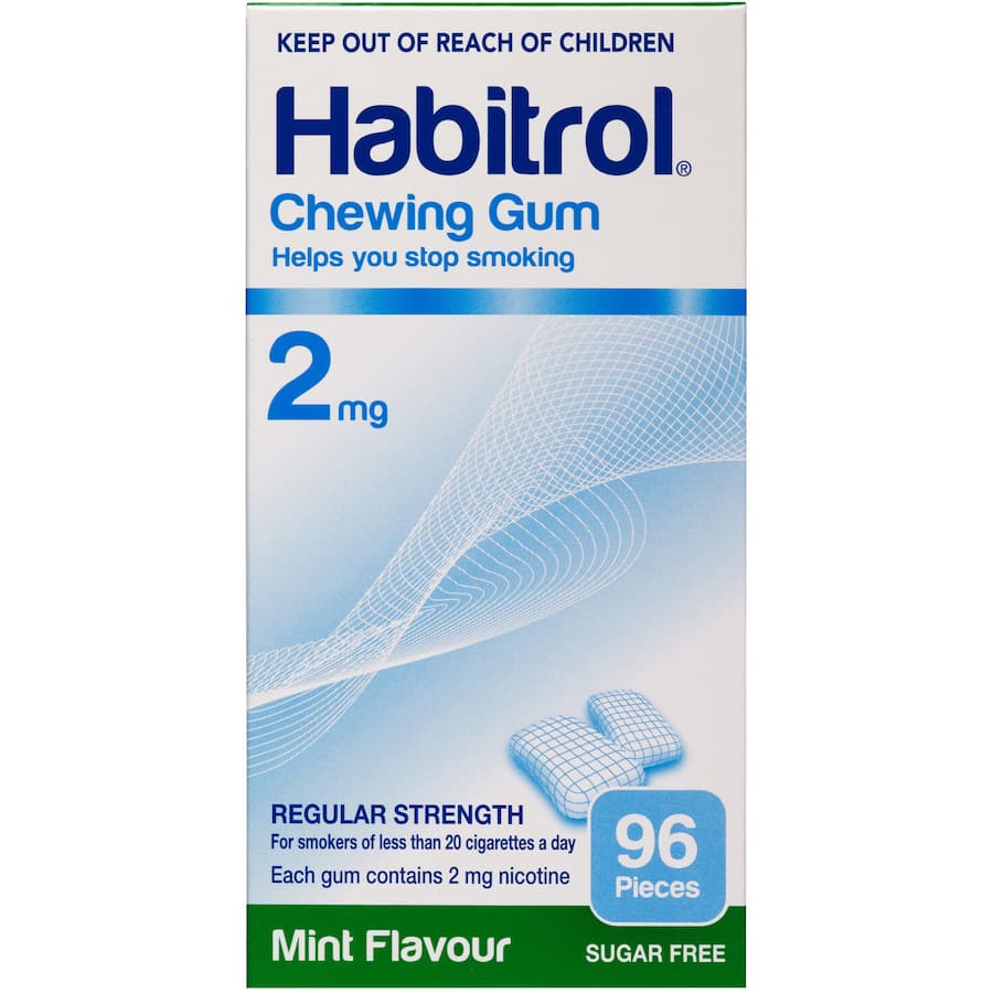 Habitrol Mint Flavour Gum 2mg, designed to ease cravings and support quitting smoking, with refreshing mint taste.