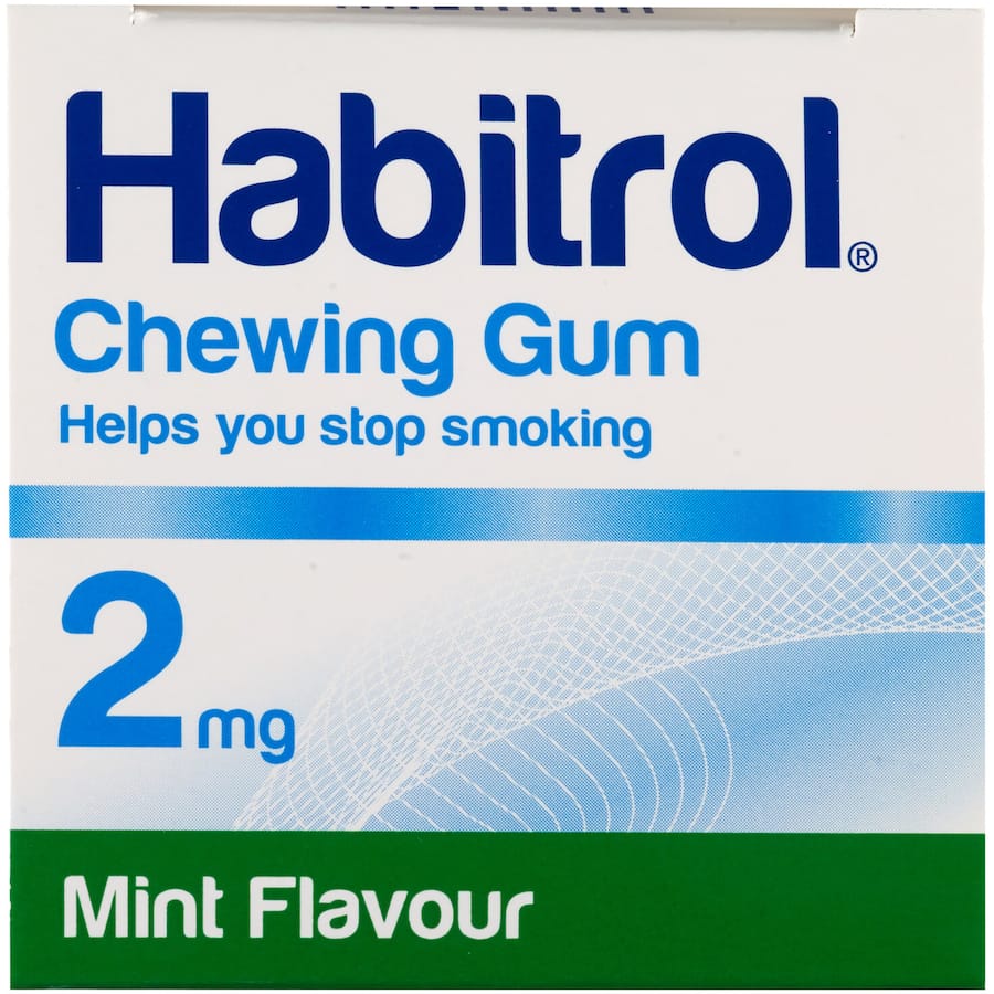 Habitrol Mint Flavour Gum 2mg for quitting smoking, freshens breath and alleviates cravings during nicotine withdrawal.