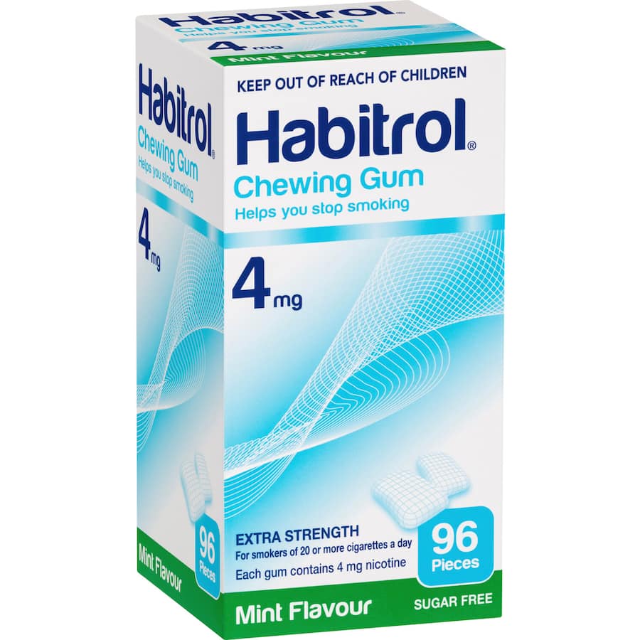 Habitrol Mint Flavour Gum 4mg designed to help smokers quit by managing cravings with a refreshing mint taste.