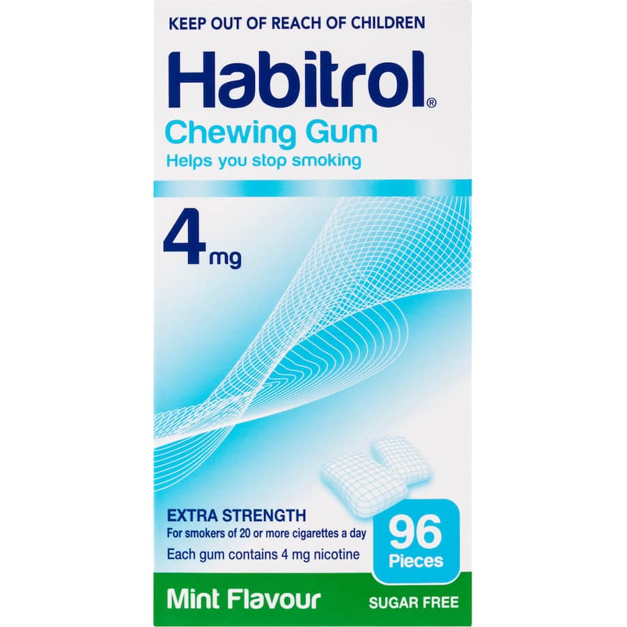 Habitrol Mint Flavour Gum 4mg for quitting smoking, providing cravings relief with a refreshing taste.