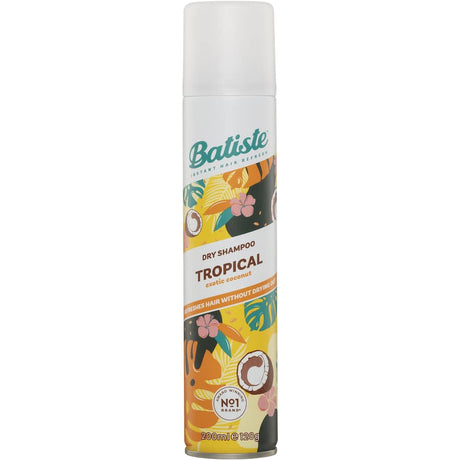 Batiste Dry Shampoo Tropical can with coconut and pineapple fragrance, perfect for instantly refreshing and volumizing hair.