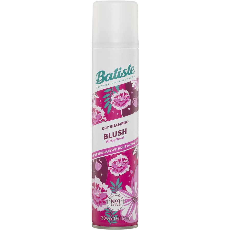 Batiste Dry Shampoo Blush can, featuring floral fragrance and effective oil absorption for refreshed, voluminous hair.