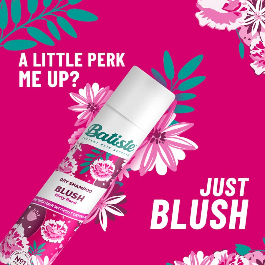 Batiste Dry Shampoo Blush can with floral fragrance, effectively removes oil, adds volume, and is recyclable for fresh hair anytime.